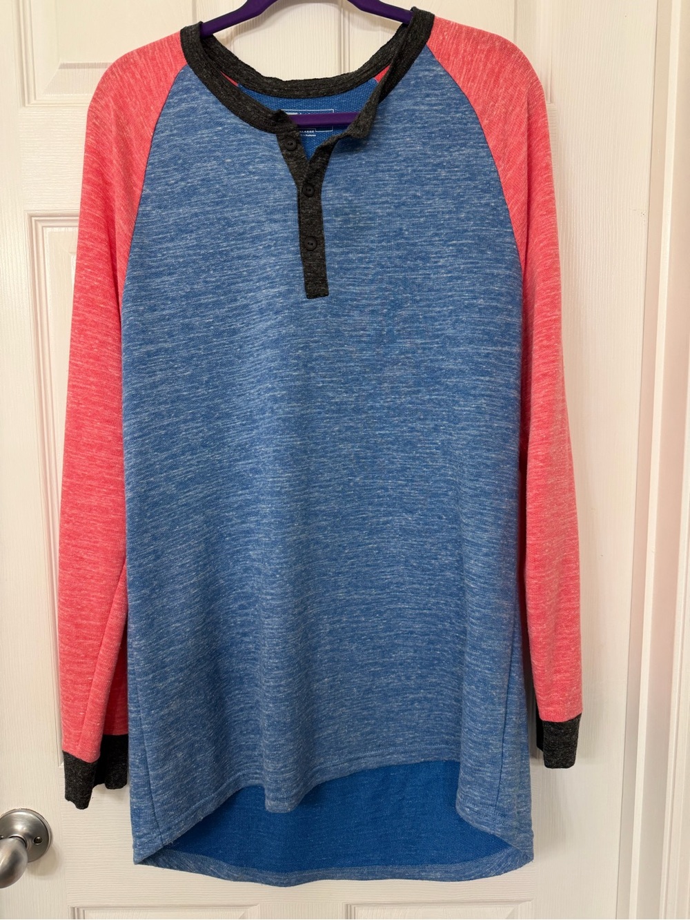 LuLaRoe Mark Henley Baseball Tee Long Sleeve Blue Pink Heathered XL